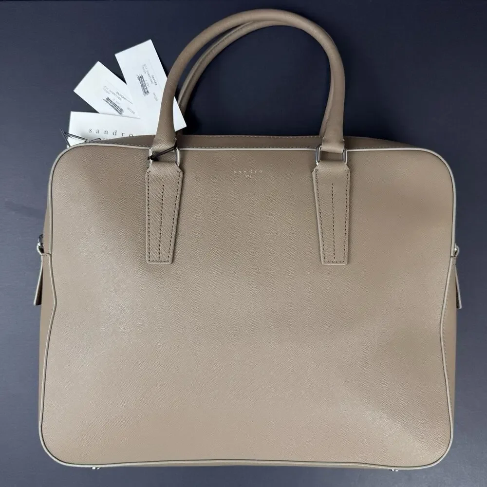 Sandro Downtown Large Saffiano Leather Briefcase Mocha Brown New With Tags